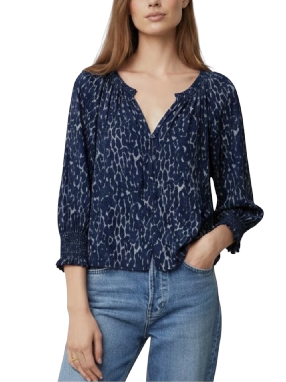 Rails Mariah Button-up Split Neck Blouse w/ smocked cuffs Static Leopard XL Blue